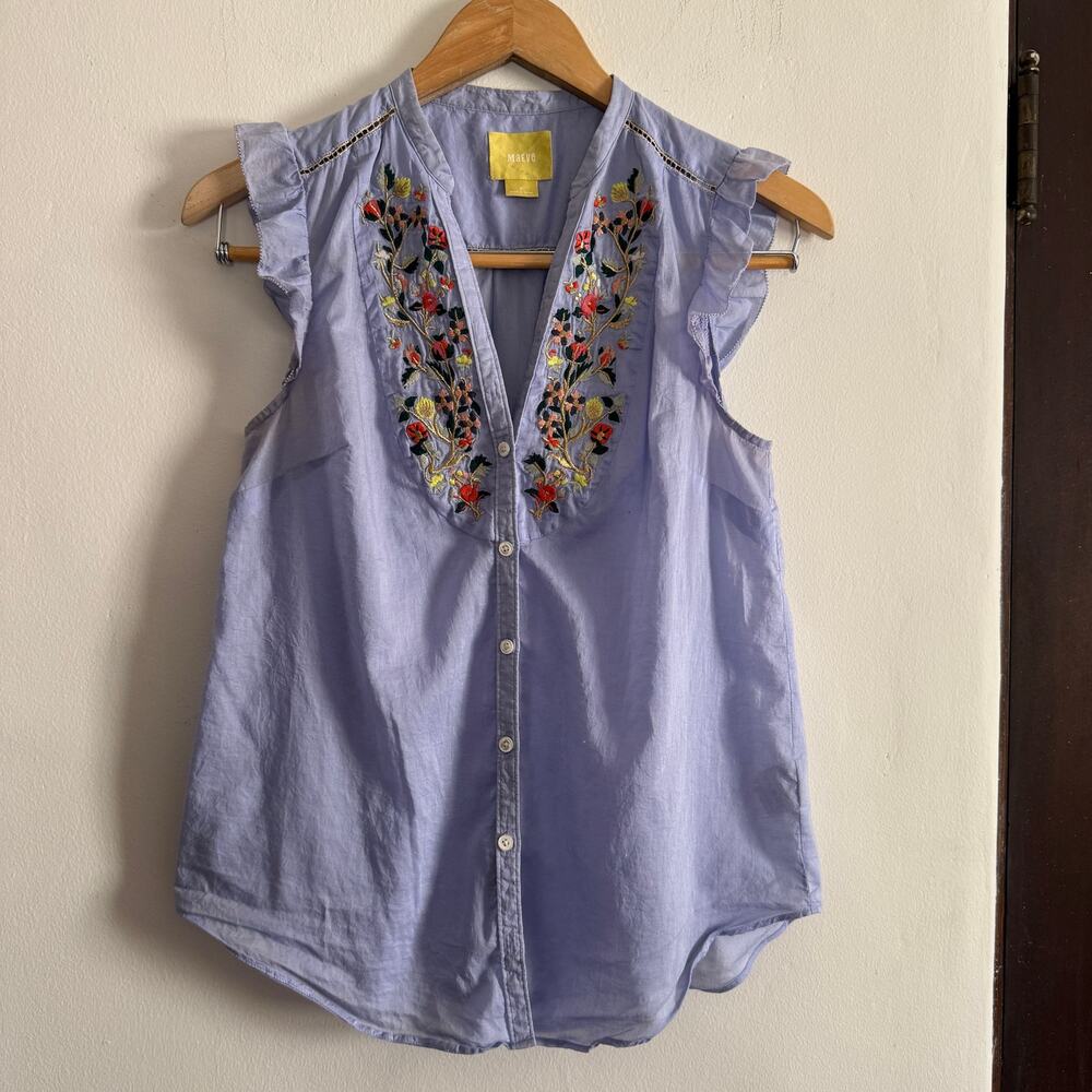 MAEVE | Anthropologie Threadbloom Blue ruffle Sleeve Embroidered Blouse | 2 - Picture 2 of 8